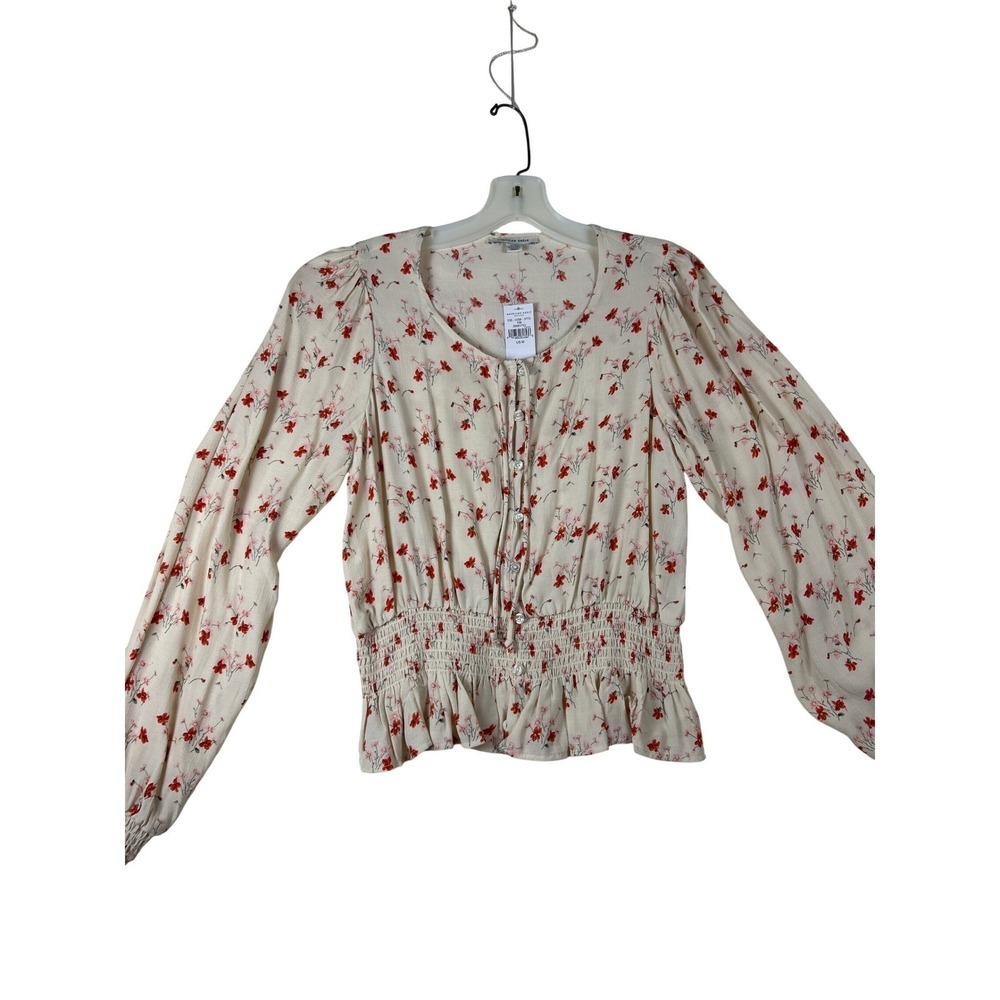 American Eagle Floral Smocked Waist Peplum Blouse Cream Red Medium NWT